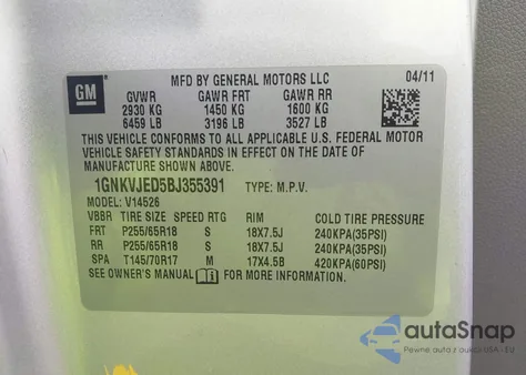 2011 Chevrolet Traverse 2Lt z USA, uszkodzony, nr VIN 1GNKVJED5BJ355391